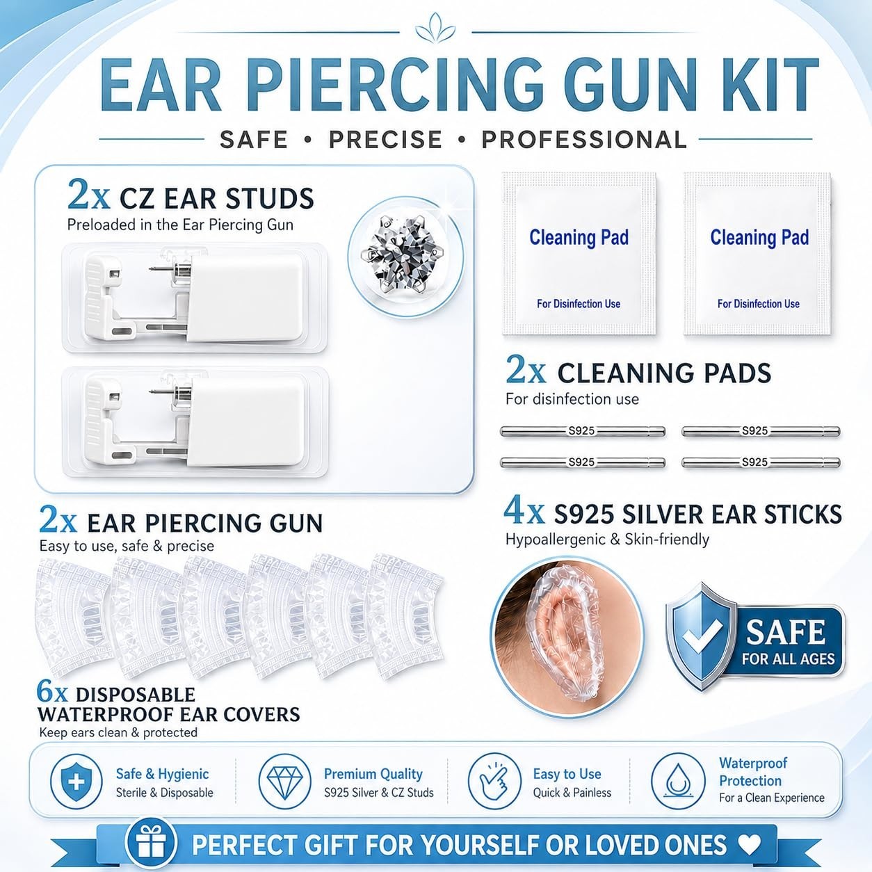 Complete Ear Piercing Kit - 2 Disposable Guns with 5MM CZ Studs & Accessories