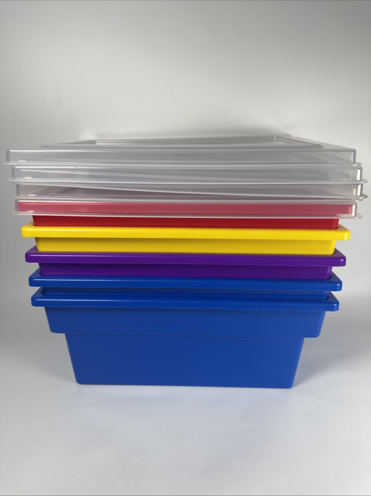 10 pc Set of 5 Bin & Lid Stack Storage Plastic Colors 8x13x5" Clear Lids
