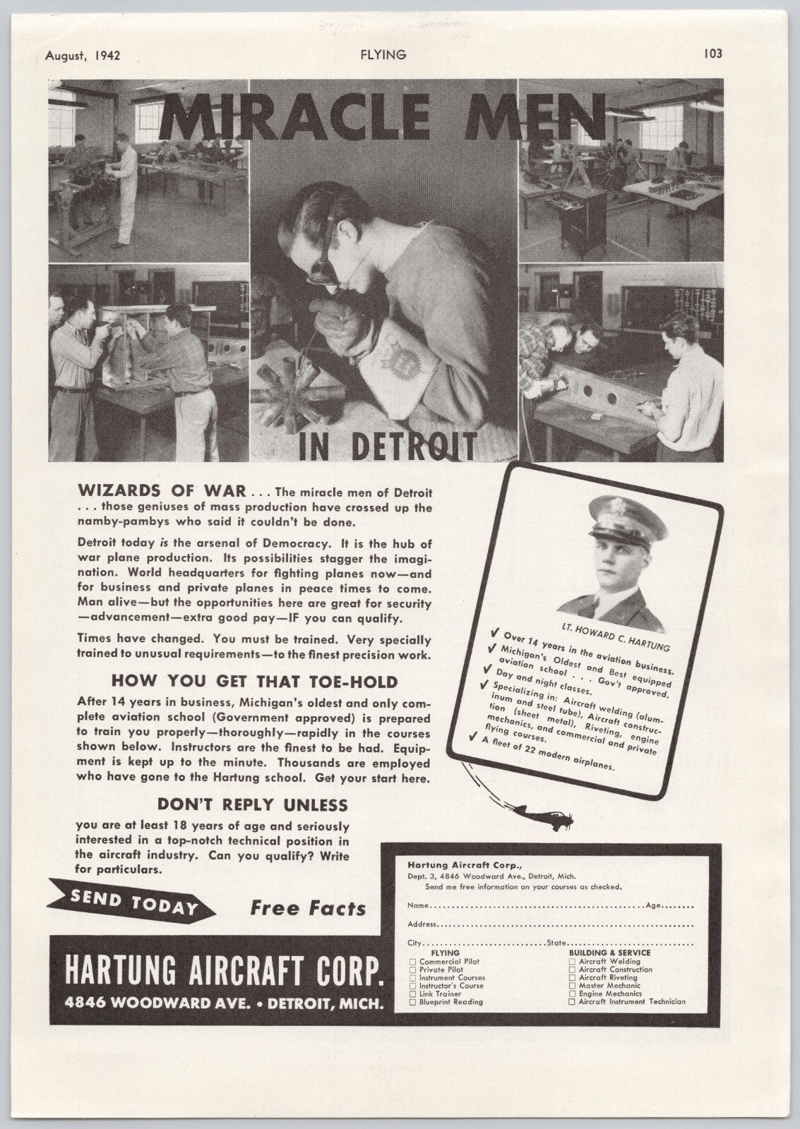 1942 HARTUNG AIRCRAFT CORP Aviation Training school Detroit MI Vintage Print Ad
