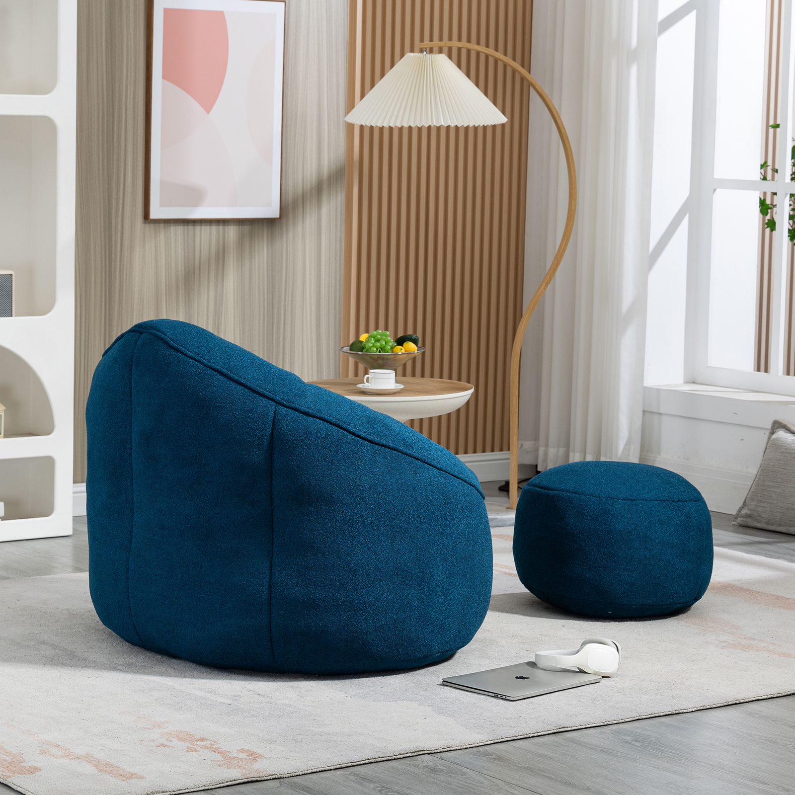 Bean Bag Sofa Chair High Pressure Foam Bean Bag Chair with Padded Footrest Blue