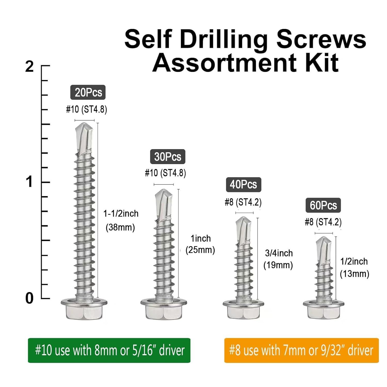 150Pcs Self Drilling Screws Assortment Kit, 410 Stainless Steel Silver