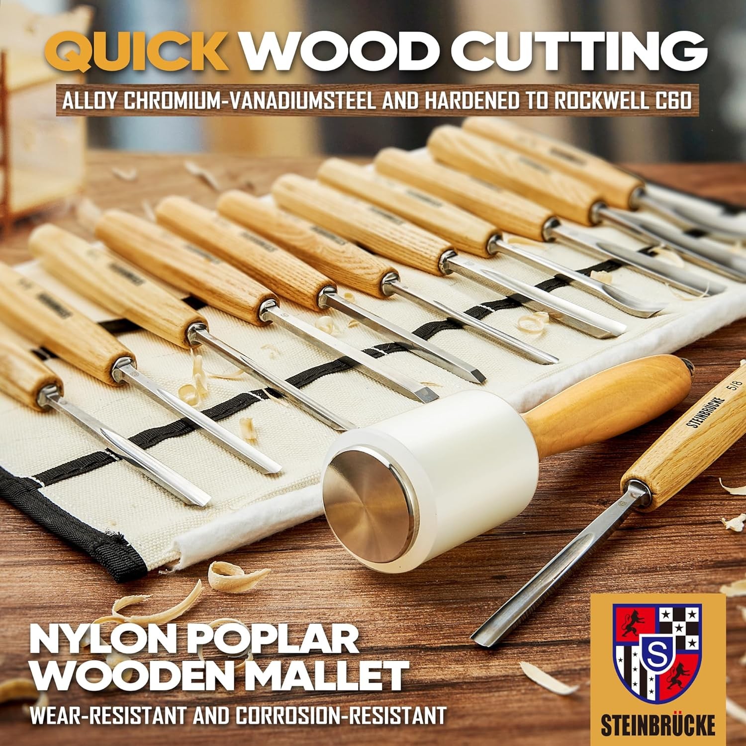 Wood Carving Tools Set of 12 Chisels and Wood Mallet with Canvas Case Gouges