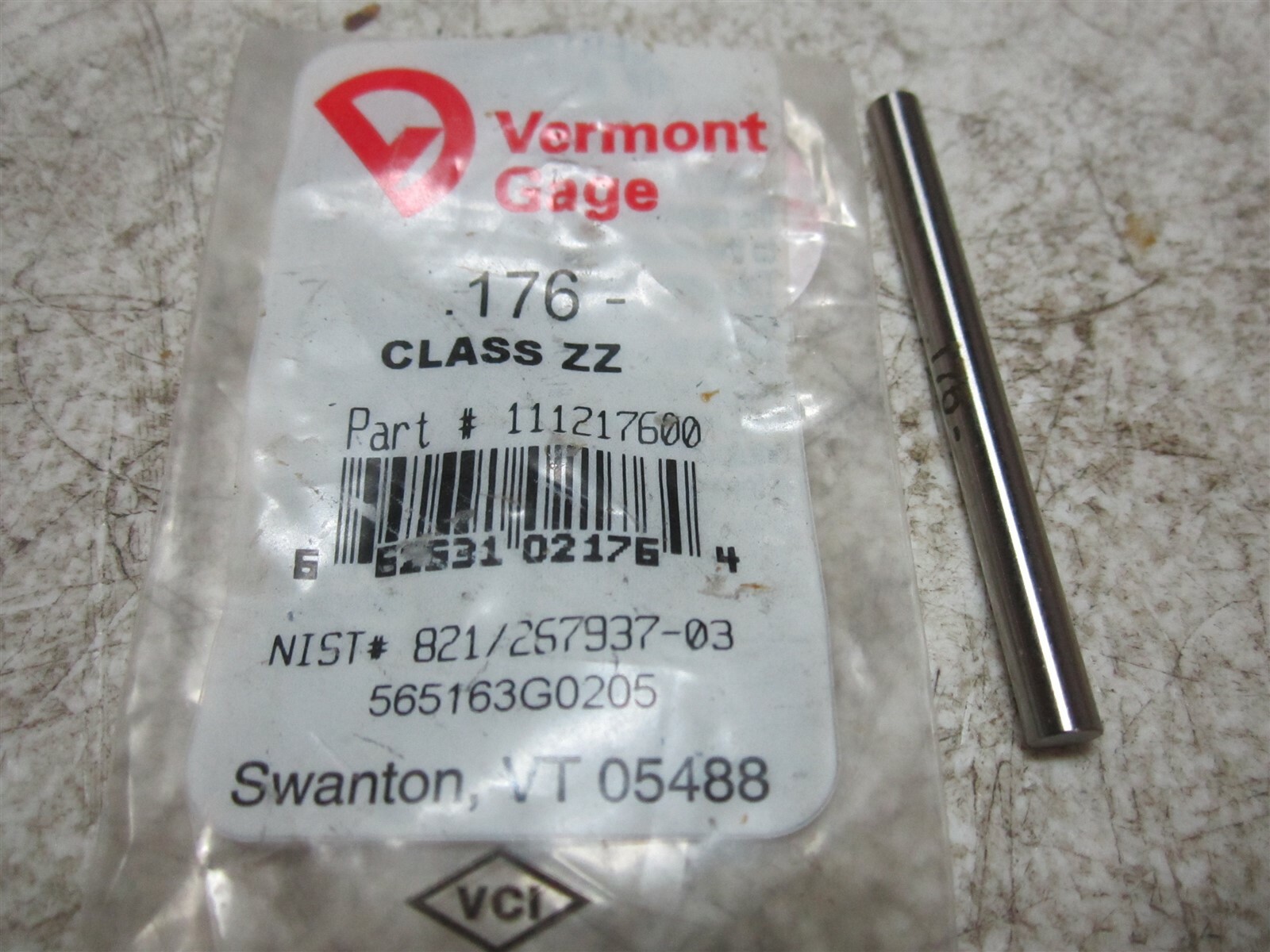Vermont Gage (111217600) 0.176 Diameter Class ZZ Pin Gage