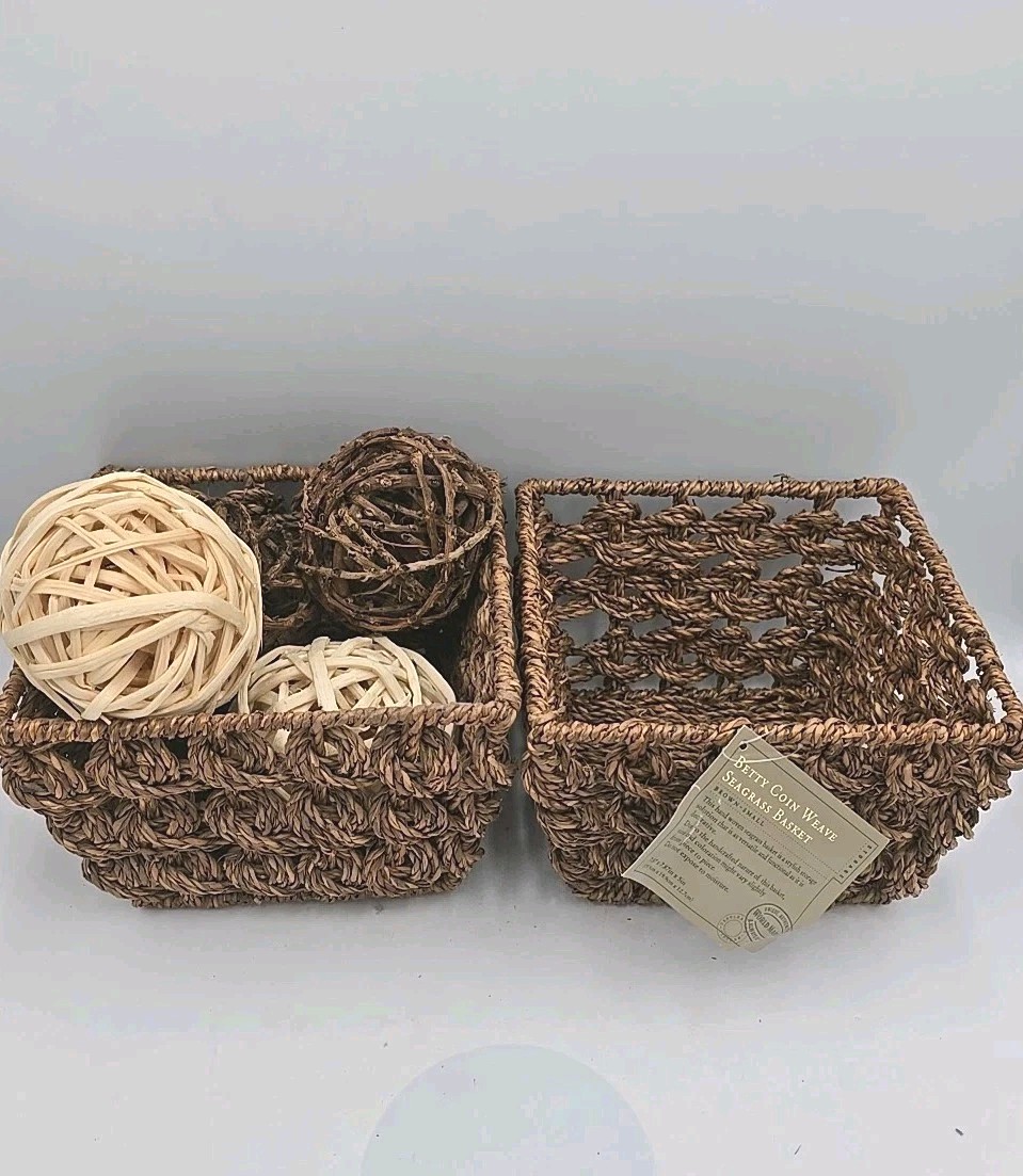 2 Square Brown Braided Wicker Baskets with 4 Natural Decorative Balls Fall Decor