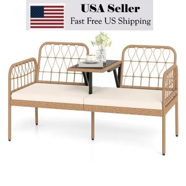 Patio Bench Garden PE Rattan Loveseat with Coffee Table Outdoor Furniture Bench