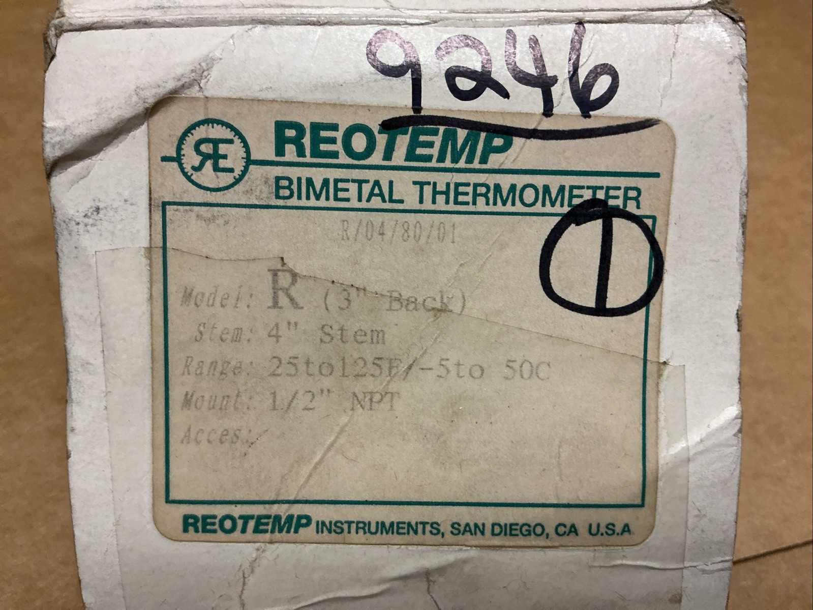 REOTEMP, BIMETAL THERMOMETER, MODEL R