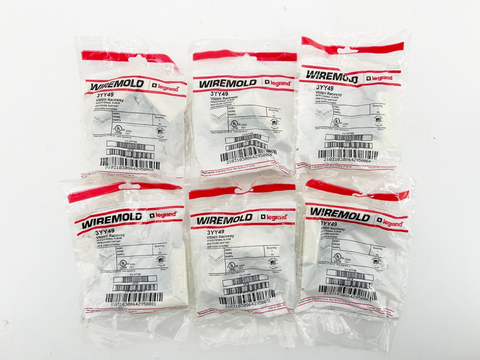 New Lot of 6 Wiremold 3YY49 V500 Raceway V518 External Elbow