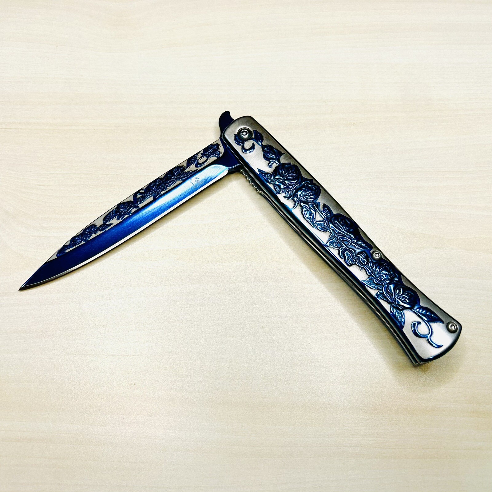 9” Blue Rose Knife Tactical Spring Assisted Open Blade Folding Pocket Knife