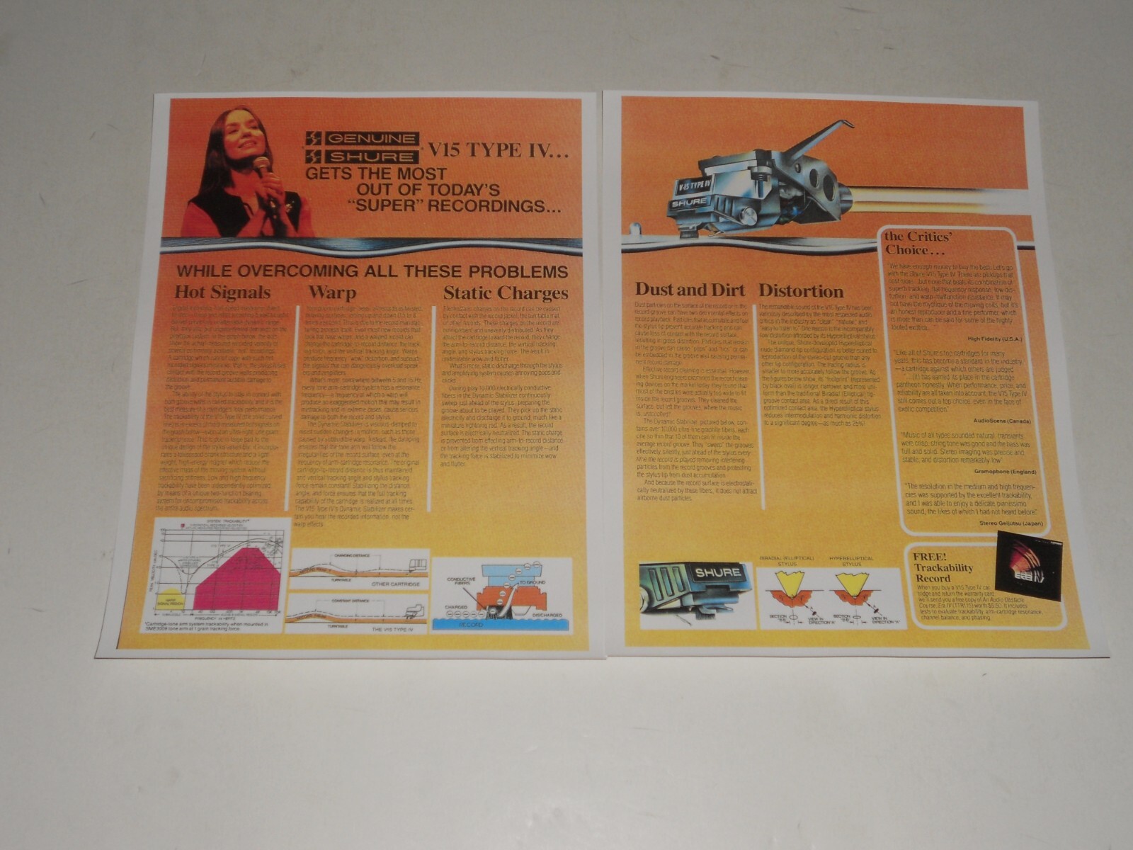 Shure Cartridge Ad, 1979, 2 pgs Audiophile V15 Type IV, Graphs, Info + Articles