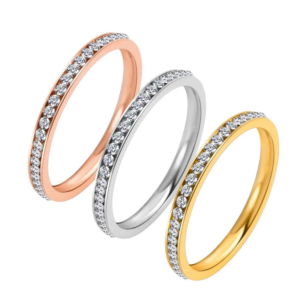 2mm Iced Out CZ Ring Gold Silver Stainless Steel Wedding Band Women Jewelry