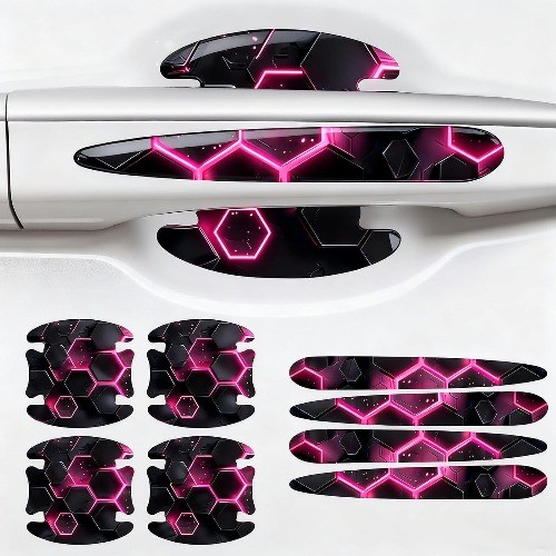 8PCS Car Door Handle Scrath Protectors, 3D Patterned-Markin Color: Black-Pink