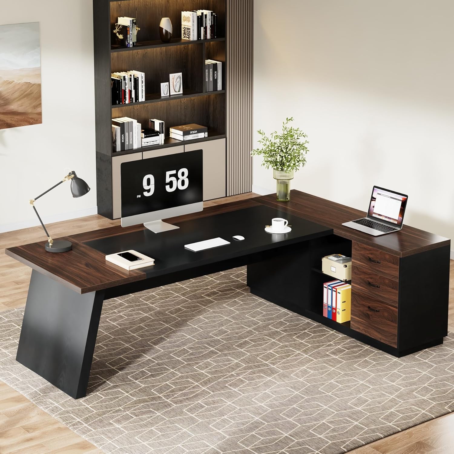 78" L-Shaped Executive Desk Large Office Computer Desk with Lateral File Cabinet