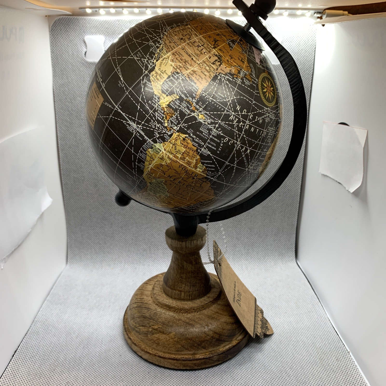 World Globe NWT w Wood Decorative Base and Metal Black Easy Read India Gift New