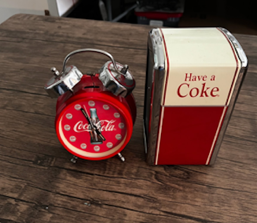 Coca Cola Collectable Napkin Despenser & 1996 Alarm clock metal works