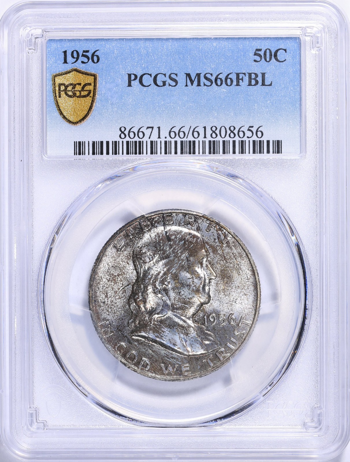 1956 Franklin Half PCGS MS66 FBL Toned Secured Gold Shield Holder