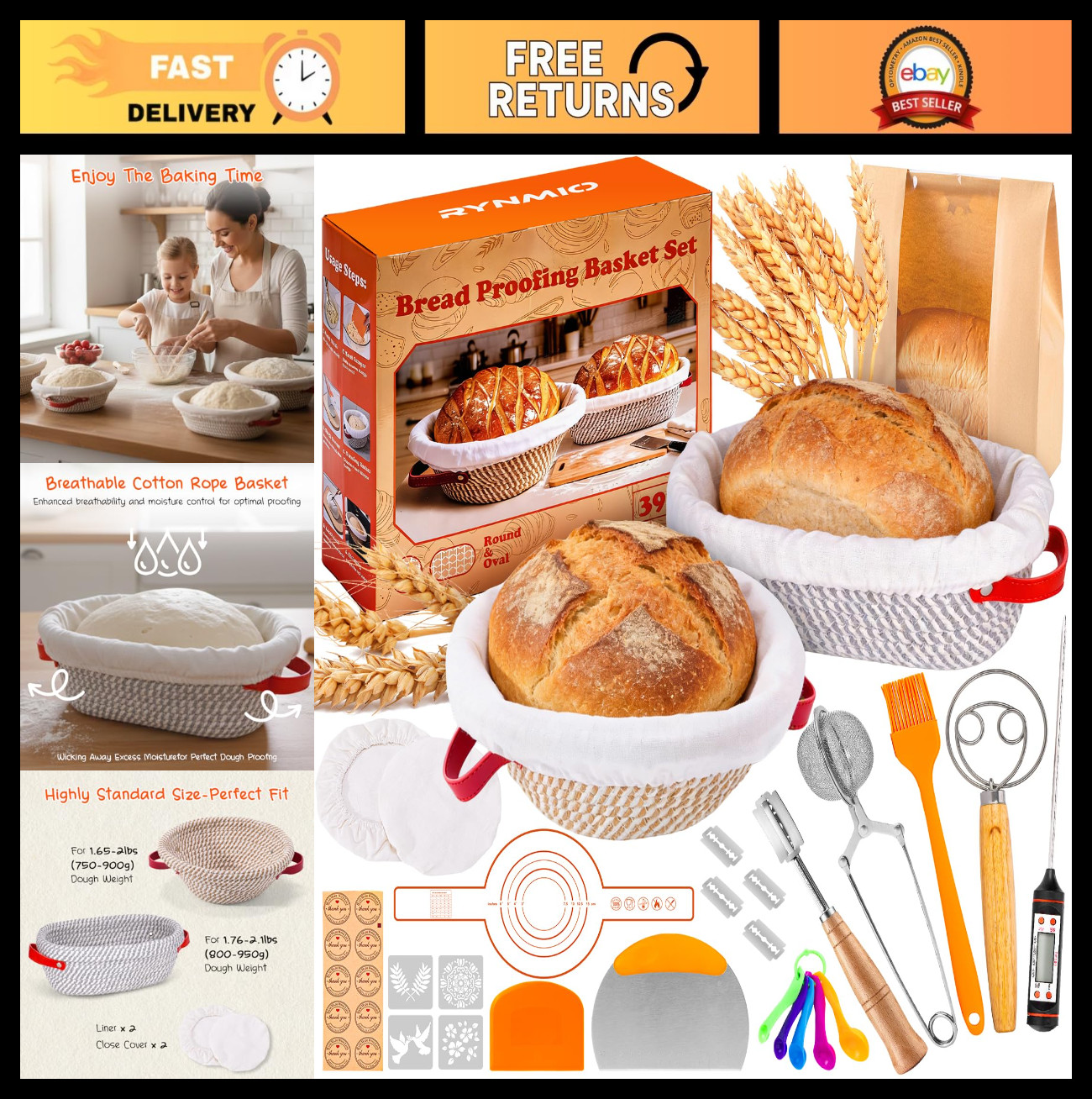Sourdough Bread Baking Kit - 39pcs Cotton Rope Starter, Banneton Baskets & Liner