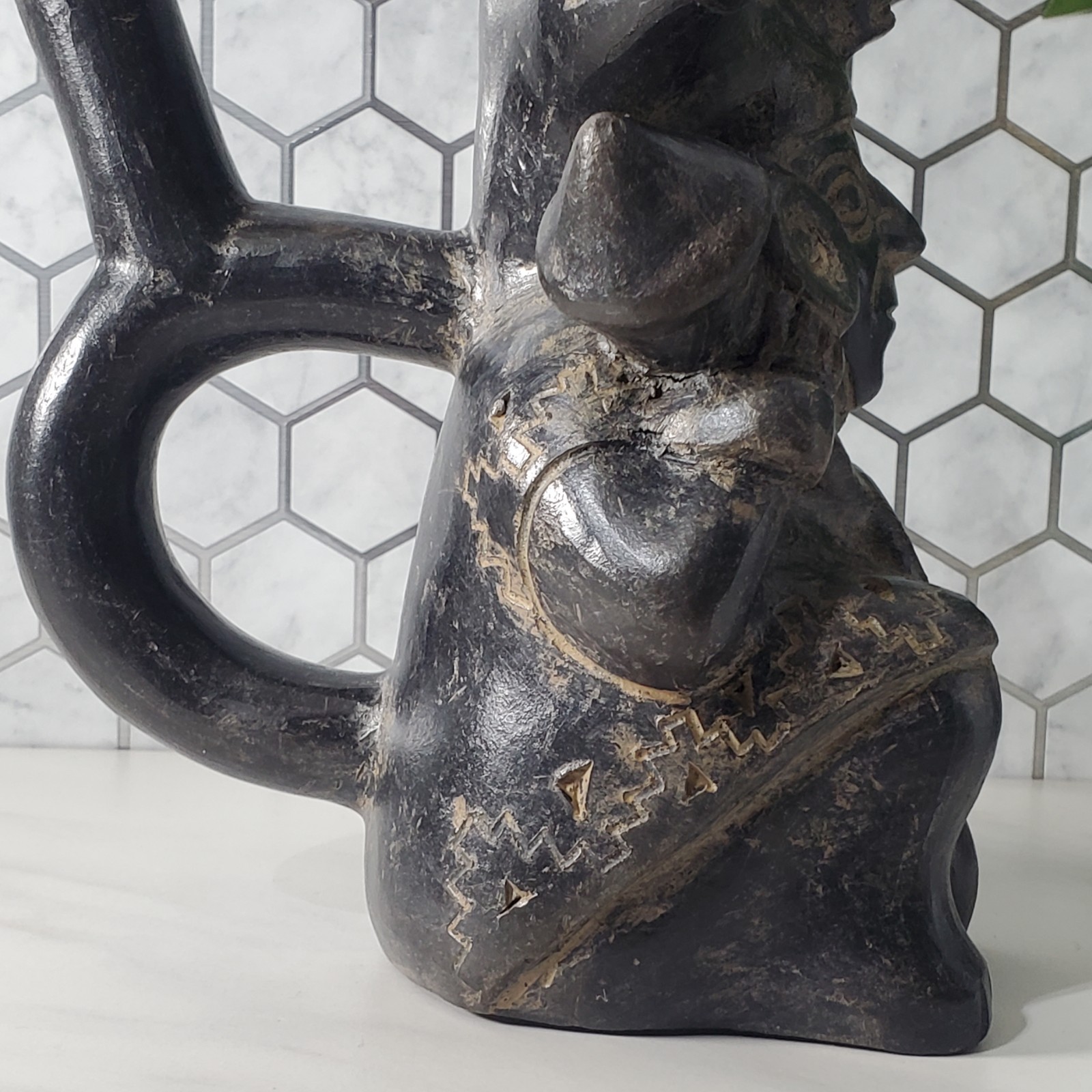 Pre Columbian Blackware Chimu Inca Sitting Figural Vessel Replica