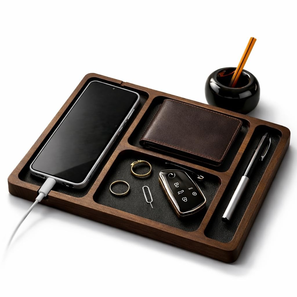 Desk Organizer – Wooden Desk Organizer Tray with Phone Charging Slot, Dark Wa...