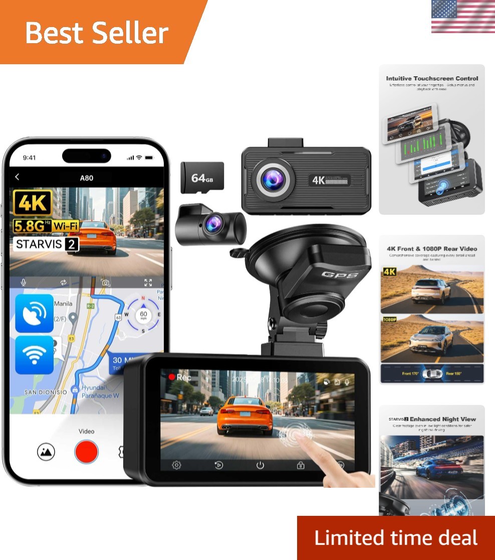 High-Performance 4K Dash Cam with Dual Cameras, Loop Recording & 24/7 Monitoring