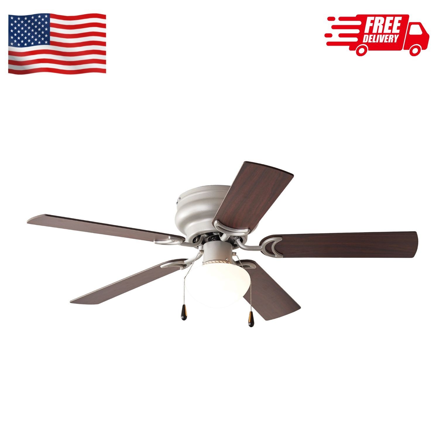 44 inch Hugger Indoor Ceiling Fan with Light Kit, Satin Nickel, 5 Blades
