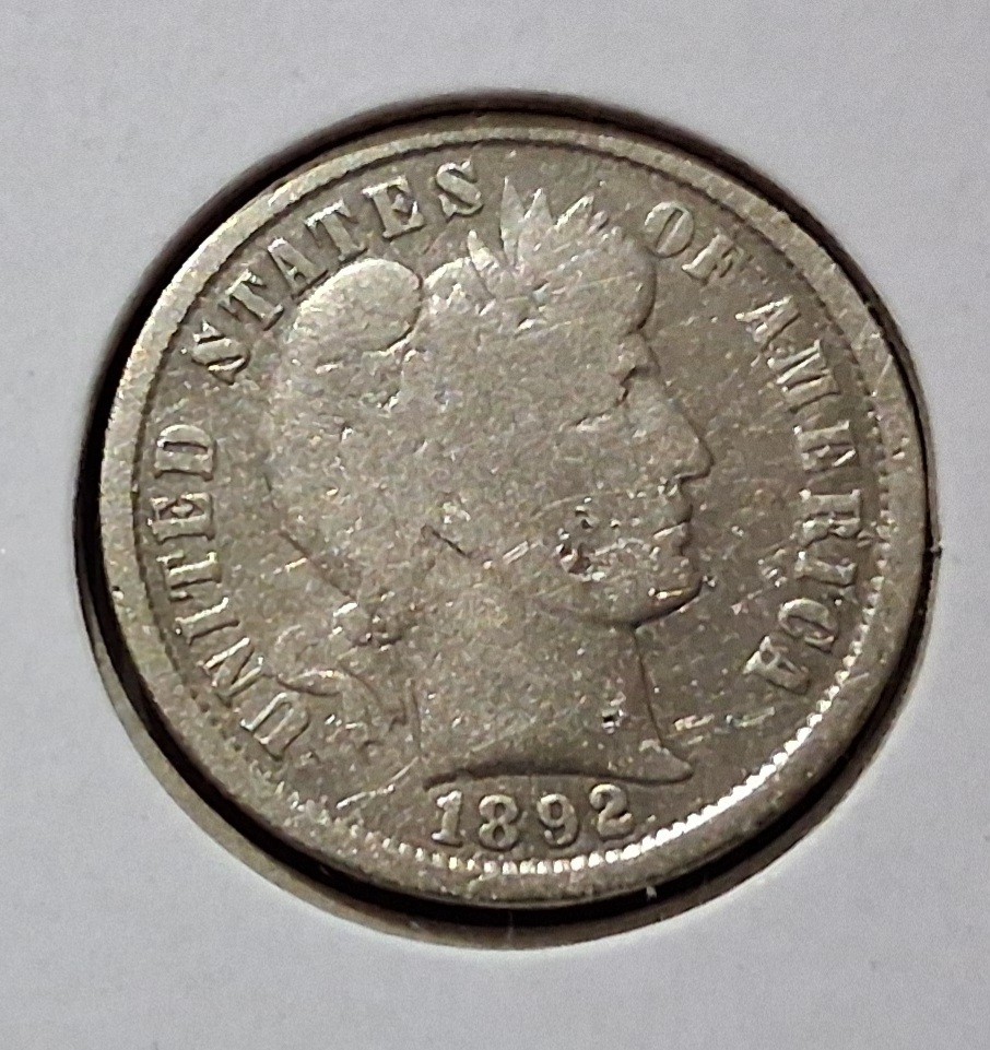 1892 BARBER DIME. NICE COIN. OBVERSE SCRATCH. CLEANED. FREE SHIP 🚢