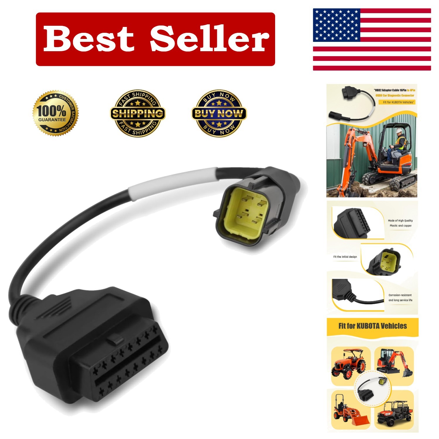 Durable 4 Pin to 16 Pin KUBOTA Diagnostic Adapter for Efficient Troubleshooting