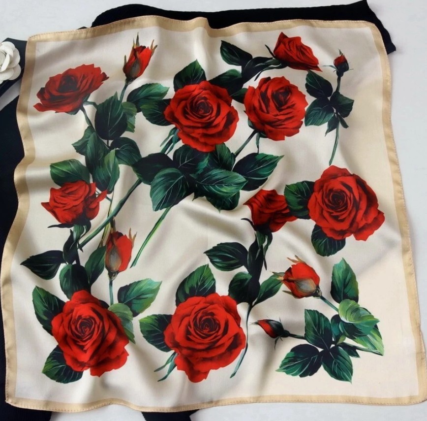 Red Rose 100% Silk Square Scarf Small Head Bandana Vintage Kerchief Turban 53 cm