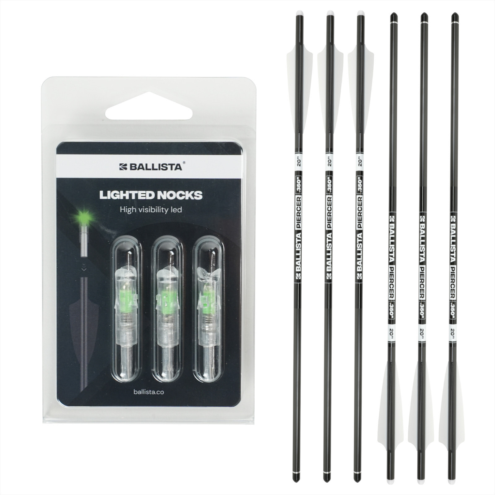 BALLISTA Piercer 20" 3-Vane Crossbow Bolts Pack of 6 w/ 3 Green Lighted Nocks
