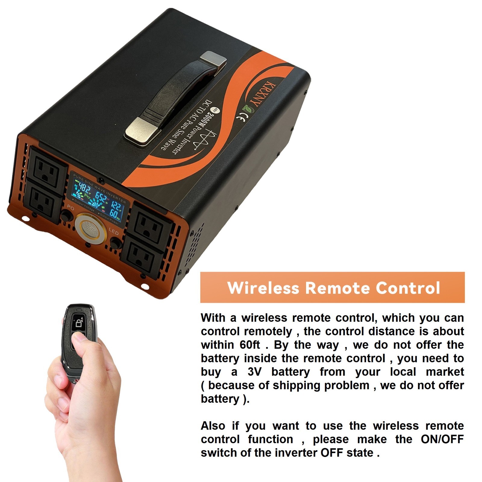 2000W Power Inverter Pure Sine Wave 12V 24V 48V DC to 120V AC with Handle fromUS