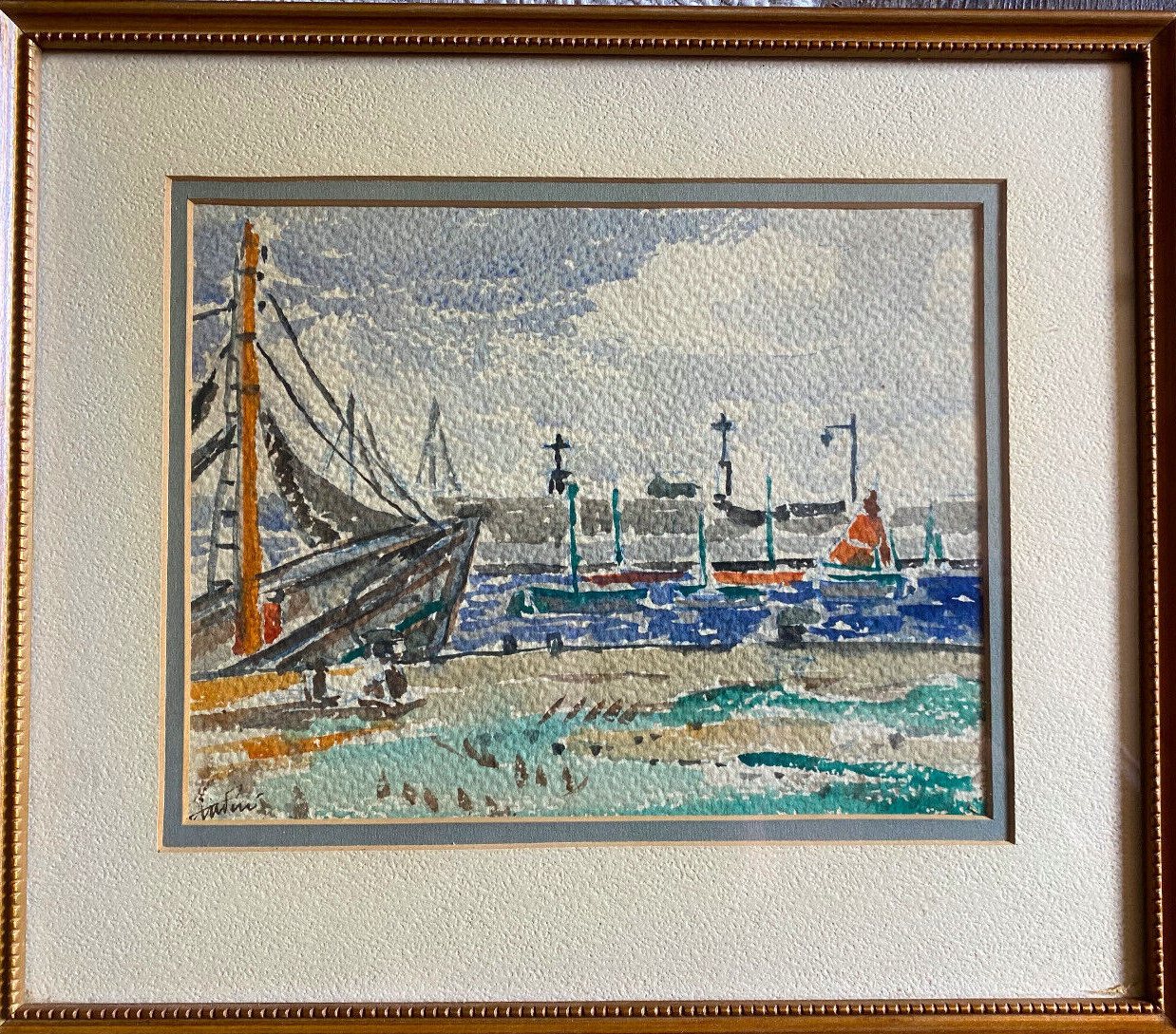 ::WATERCOLOR INDISTINCT SIGNED VIEW OF PORT WITH SAILBOATS MARITIME