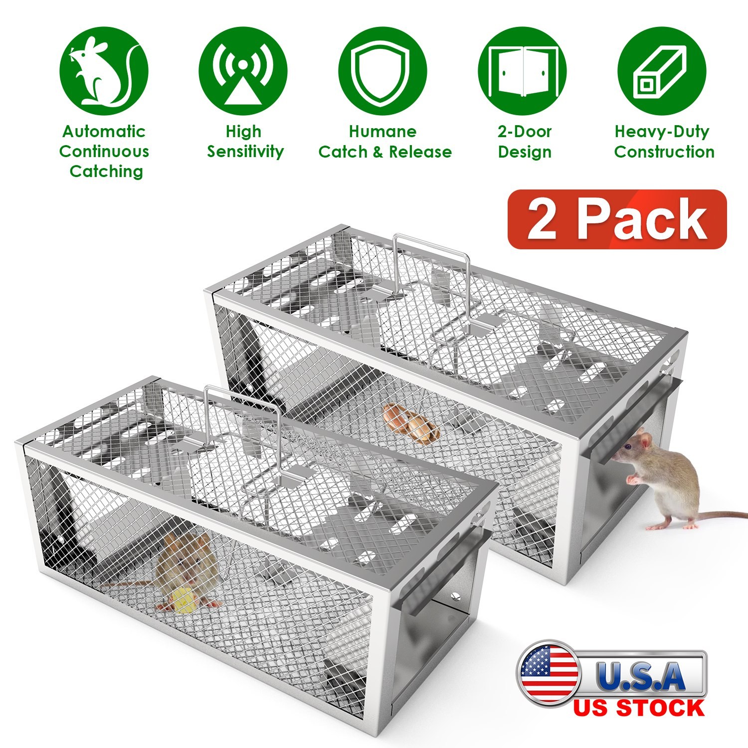 2x Humane Mouse Trap Live Rat Trap Automatic Continuous Mice Trap w/ 2 Way Door