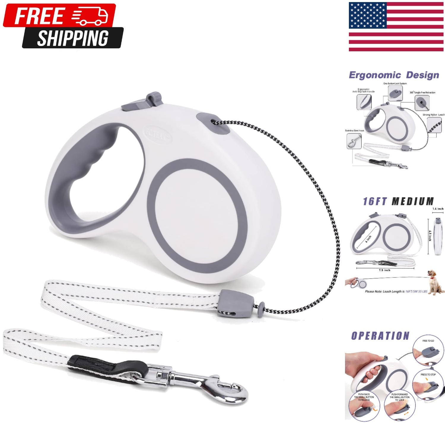 Retractable Dog Leash 30 FT Walking Medium Large Dogs up to 77 Lbs Heavy Duty