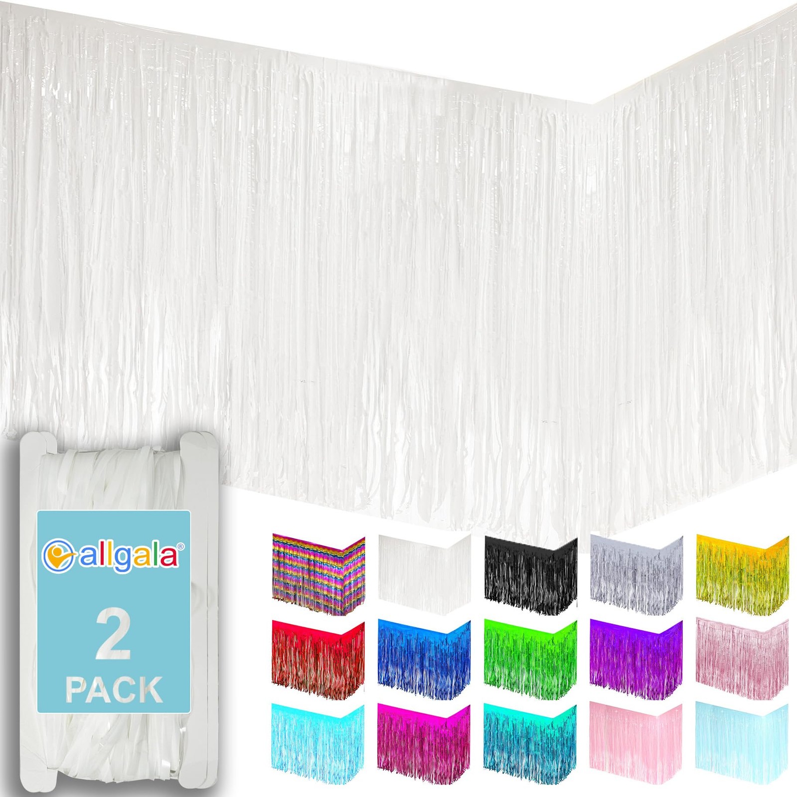 Allgala White Tinsel Table Skirts 2-Pack 29x108" Metallic Foil Fringe Decor