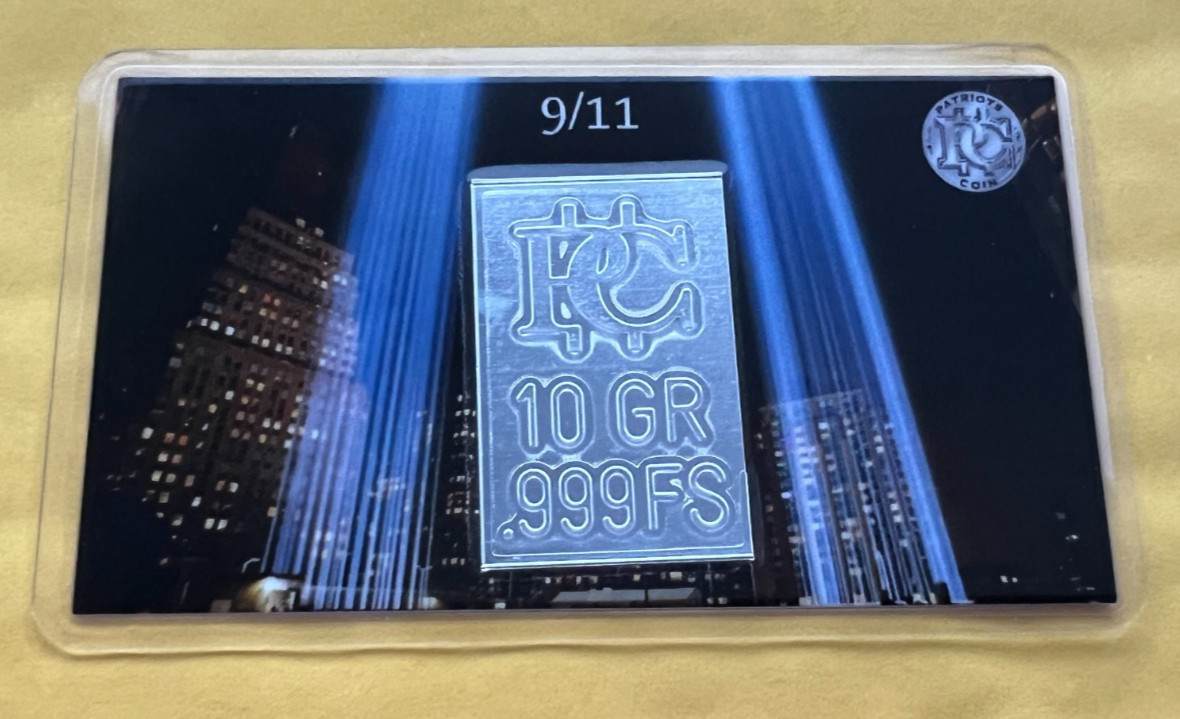 9/11 Twin Towers 10 Grain Bar of .999 Silver Bar Memorial Card  - Patriot Coin