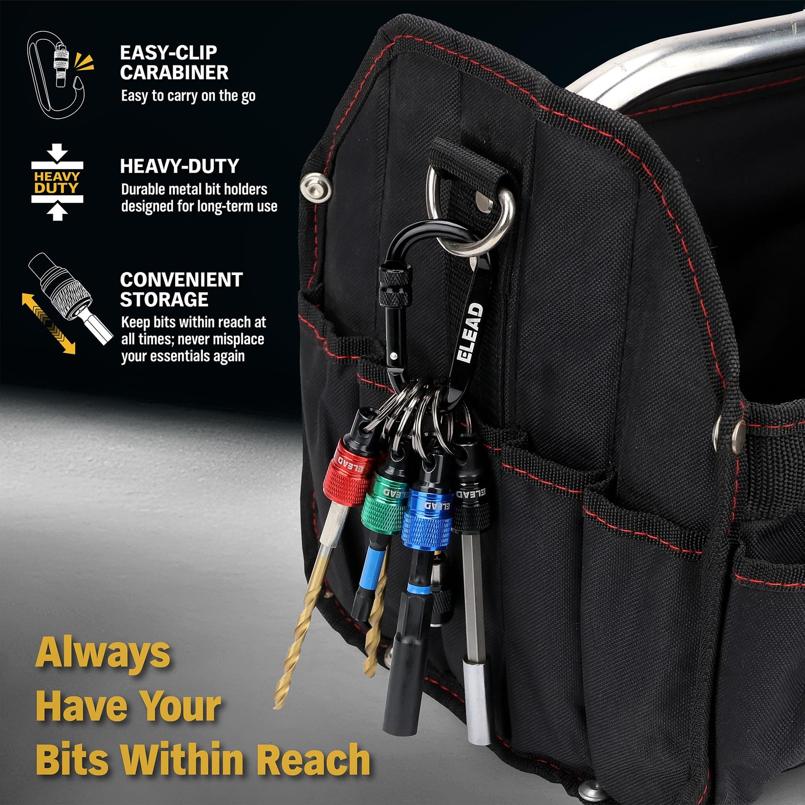 6-Piece Hex Shank Bit Holder Set with Quick Release Keychain Carabiner
