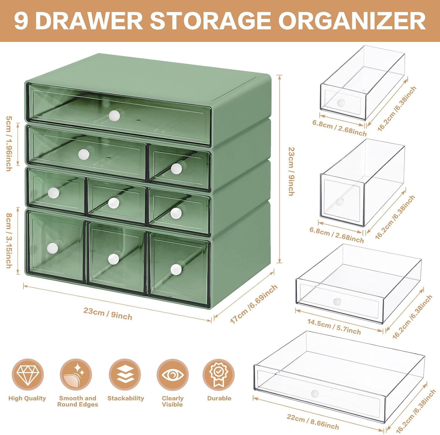 Desk Storage Organizer with 9 Drawers, 4 Tiers Stackable Desktop Craft Storage D