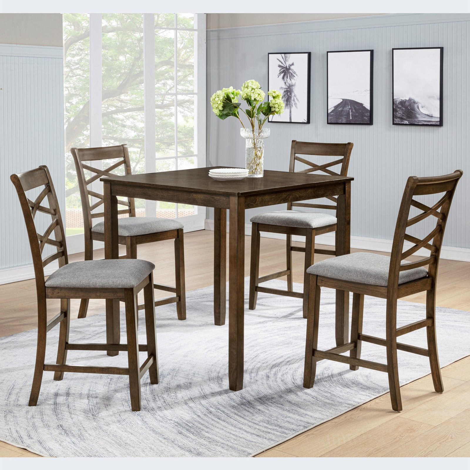 5-Piece Counter Height Square Wooden Dining Table Set with 4 Upholstered Chair