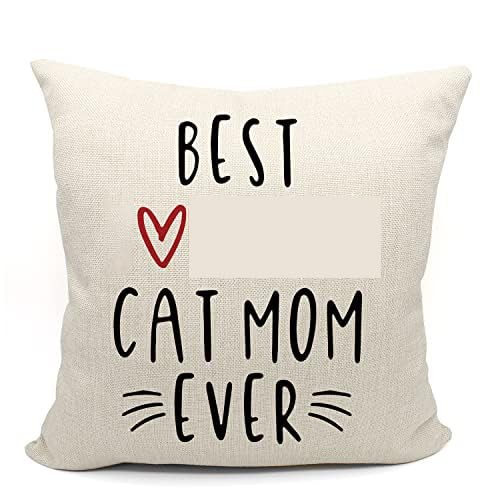 Cat Mom Throw Pillow Case, 18 x 18 Inches, Black Linen, Decorative Pillow Cov...