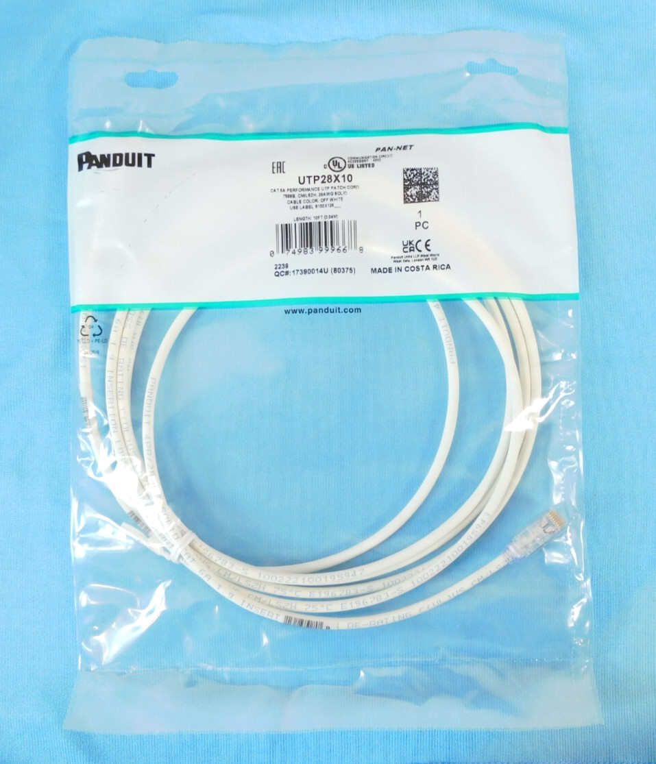 Panduit Cat6a UTP28X10 28 AWG UTP Copper Patch Cord, 10 Feet - White - NEW