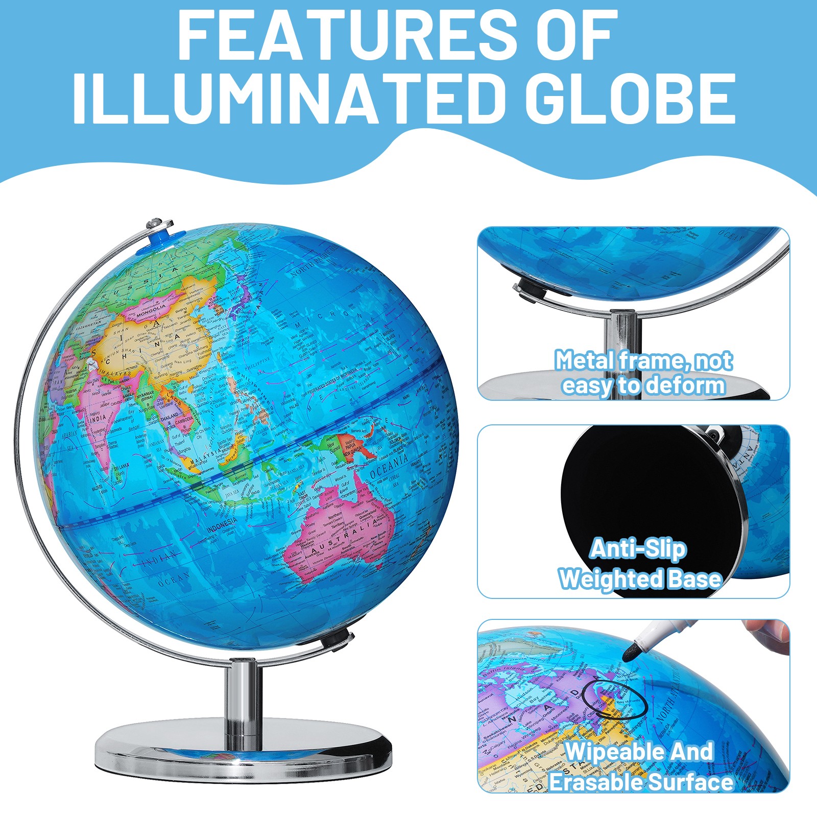 9" Illuminated Globe Map W/ 88 Constellation & Built-in LED Night Light Metal