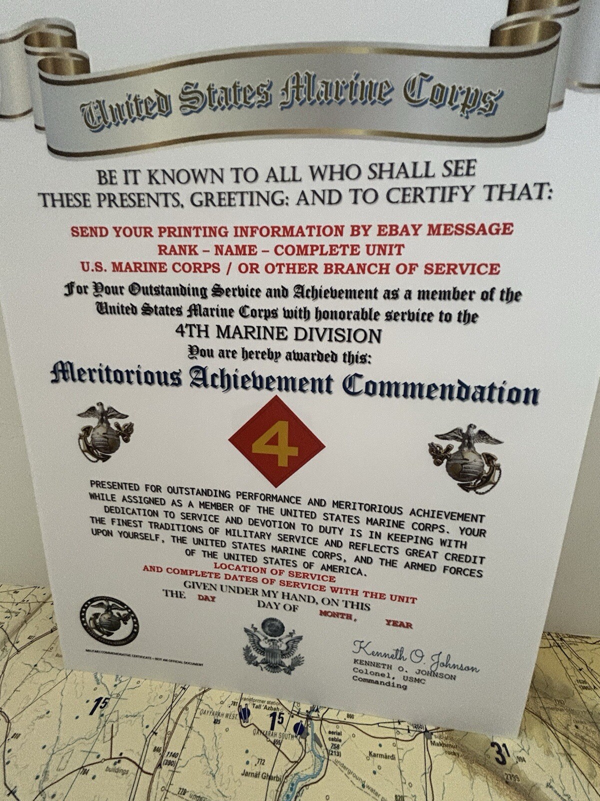 U.S. MARINE CORPS / 4TH MARINE DIVISION - MERITORIOUS ACHIEVEMENT COMMENDATION