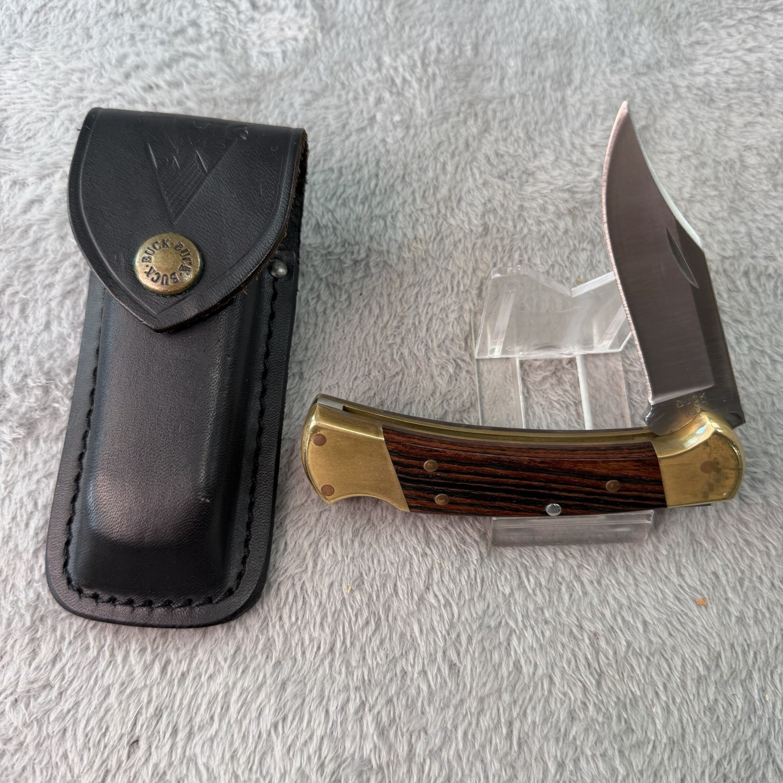 Vtg Buck USA Knife 112 Ranger Folding Lockback w Original Sheath 1997 EXC  B548