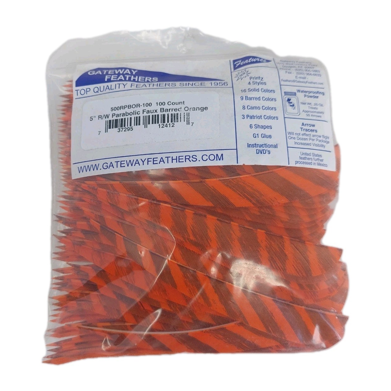 100 Pack Gateway Feathers 5" Right Wing: Parabolic Faux Barred Orange 500RPBOR