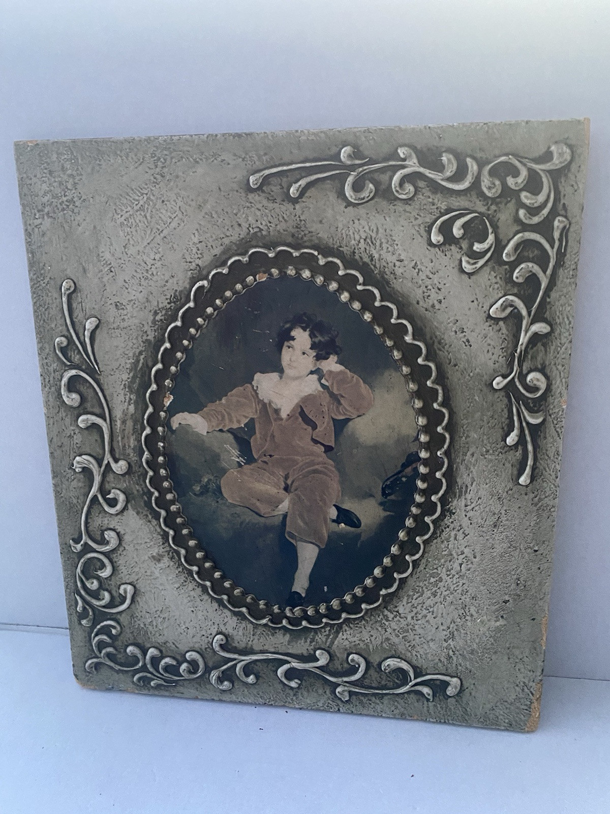 Wall Art Collage Of “The Son Of J G Lampoon” On Wooden Board W/Raised Swirls Vtg