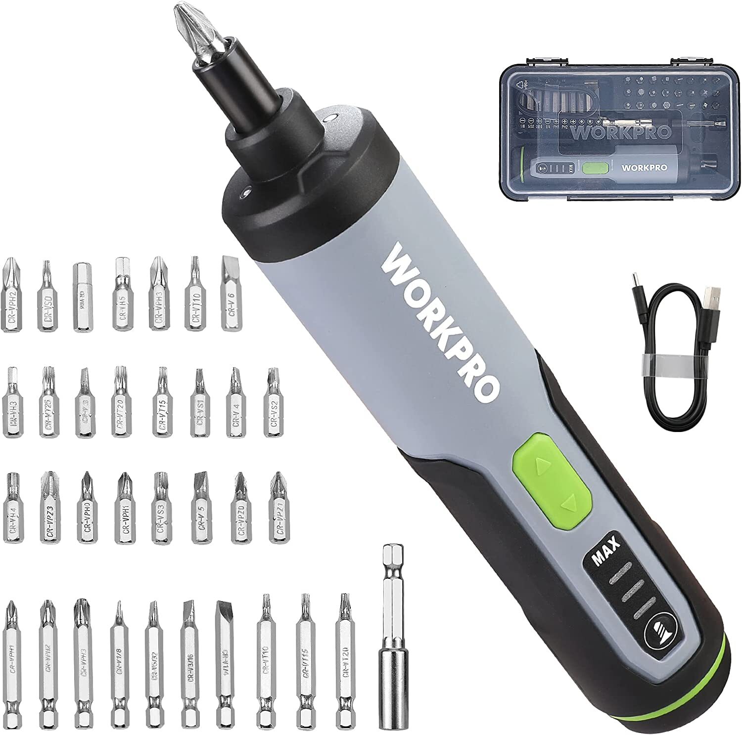 WORKPRO 4V Cordless Magnetic Screwdriver Sets Rechargeable 35 Bits Extension Rod