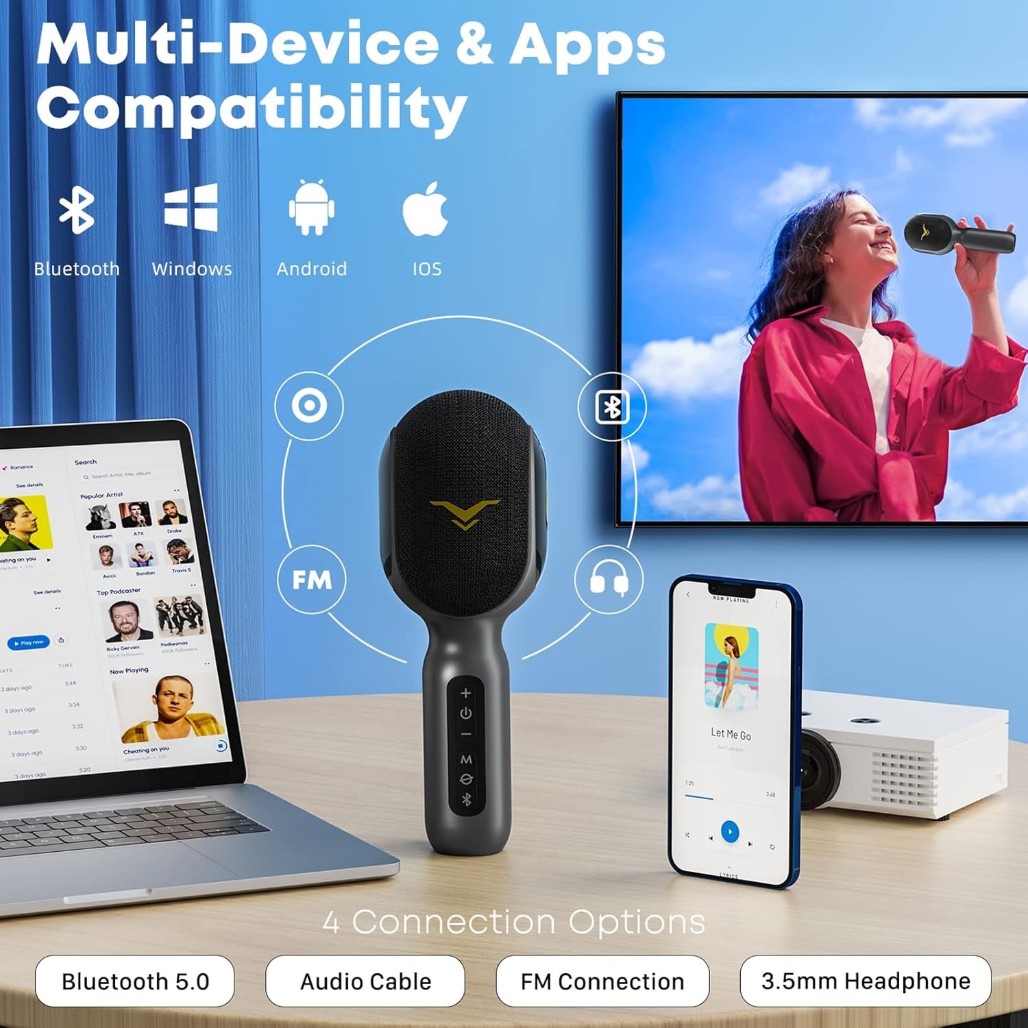 Micrófono inalámbrico Bluetooth para karaoke, altavoz portátil 5 en 1, luces RGB