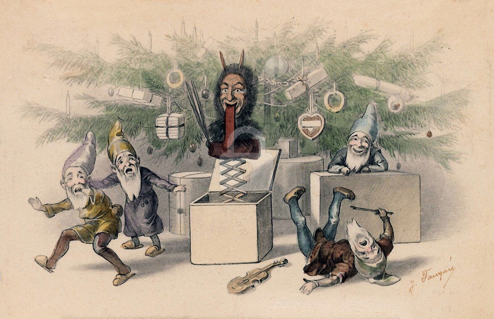Jack in the Box Krampus Scares Gnomes *Antique Postcard Reproduction*