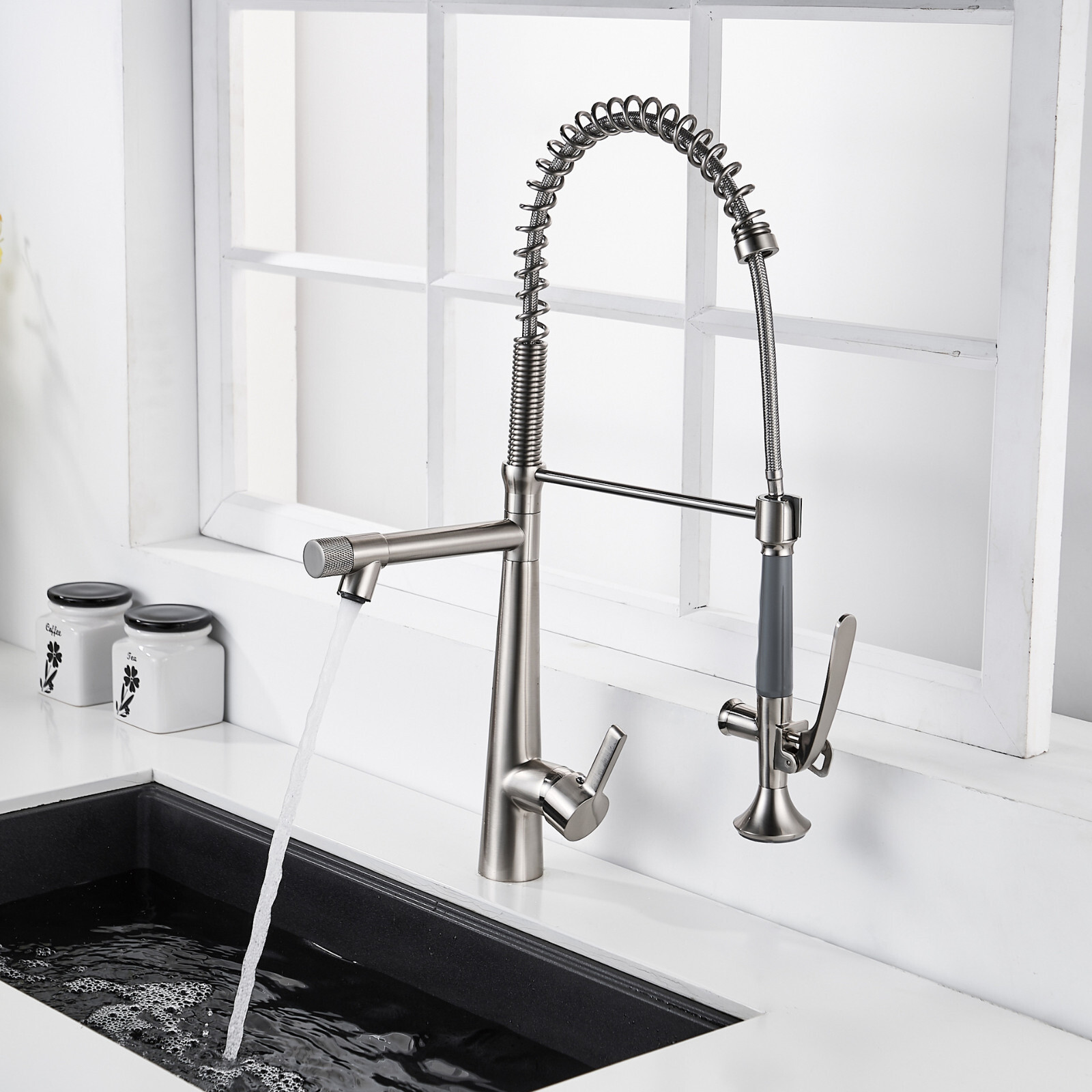 Brass Commercial Brushed Nickel Single Handle Spring Kitchen Faucet Pull Down