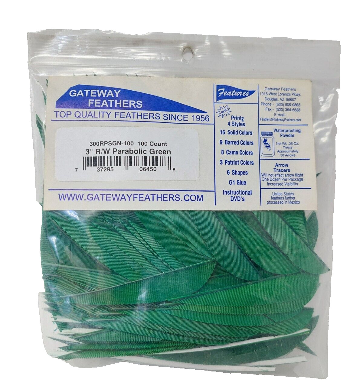 100 Pack Gateway Feathers 3" Right Wing: Parabolic Green 300RPSGN-100