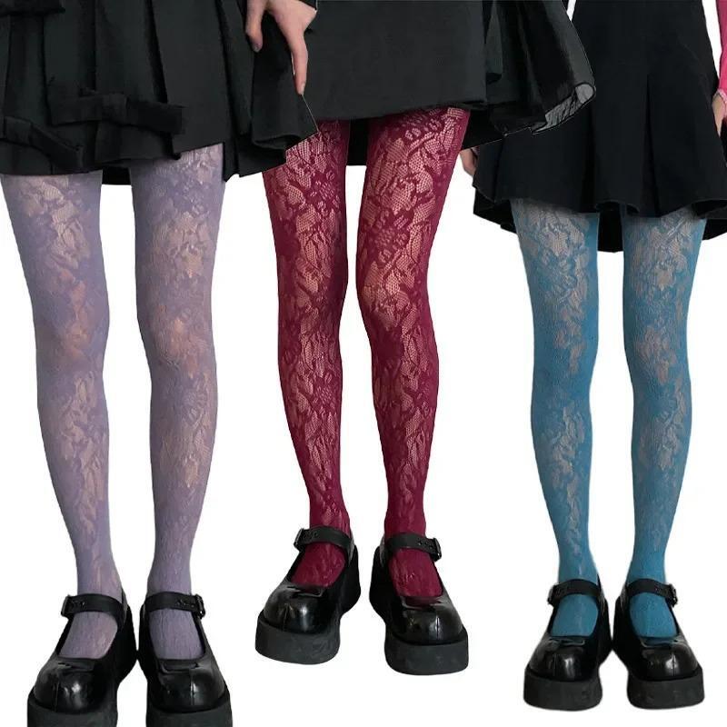 Y2k Fashion Gothic Flower Hollow Out Sexy Pantyhose Women Fishnet Wine Red
